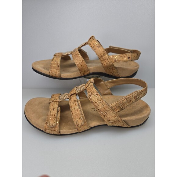 Vionic Amber-Tan Adjustable Sandals Cork Look, Gold Foil Accents Women's Size 10 - Picture 2 of 12